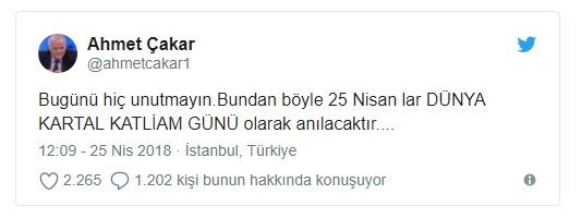 Kararın Beşiktaş'ın alyehinde olacağının ima eden Çakar, "Bugünü hiç unutmayın. Bundan böyle 25 Nisanlar dünya kartal katliamı günü olarak anılacaktır" ifadelerini kullandı.
