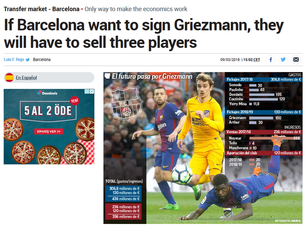 Yaz transfer döneminde ana hedef olarak Antoine Griezmann'ı belirleyen Barcelona takımı, Marca'nın yaptığı habere göre bu transfer için en az 3 oyuncu satmak zorunda. Fransız oyununun da bu transferi çok istediği bilinirken, bu yıl yüksek bonservis harcamaları yapan Barcelona'nın bazı oyuncularını satarak bu transferi gerçekleştirmek istediği söyleniyor.

Denis Suárez, Arda Turan, André Gomes, Aleix Vidal ve Rafinha arasından en az 3 kişiyi satmayı hedefleyen Katalan takımında, yalnızca Arda'nın ayrılışına kesin gözüyle bakılıyor.

Arda Turan ara transfer döneminde kiralık olarak Başakşehir futbol kulübüyle anlaşmıştı.

(Fotomaç)