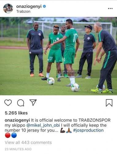 Ogenyi Onazi, Milli Takım'dan arkadaşı Obi'yi böyle kutladı.