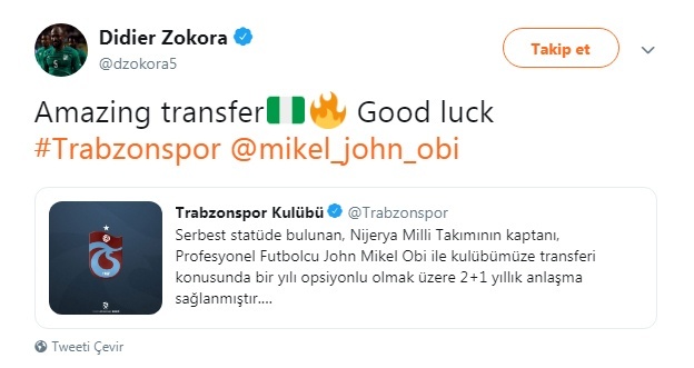 Eski Trabzonsporlu Didier Zokora: "Çılgınca bir transfer! Başarılar Obi Mikel"